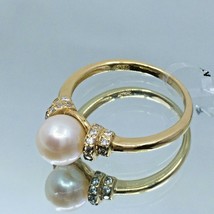 Women&#39;s Ring Solid 14k Yellow Gold Round Real Pearl 7.25 mm Zirconia Brilliant - £263.60 GBP
