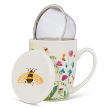 Bee Flower Garden Covered Mug with Strainer 12 oz Bone China 4.5" High with Lid