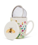 Bee Flower Garden Covered Mug with Strainer 12 oz Bone China 4.5&quot; High w... - £15.77 GBP