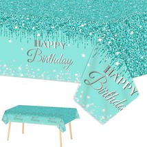 3 Pieces Teal And Silver Birthday Tablecloths For Happy Birthday Party D... - £19.17 GBP
