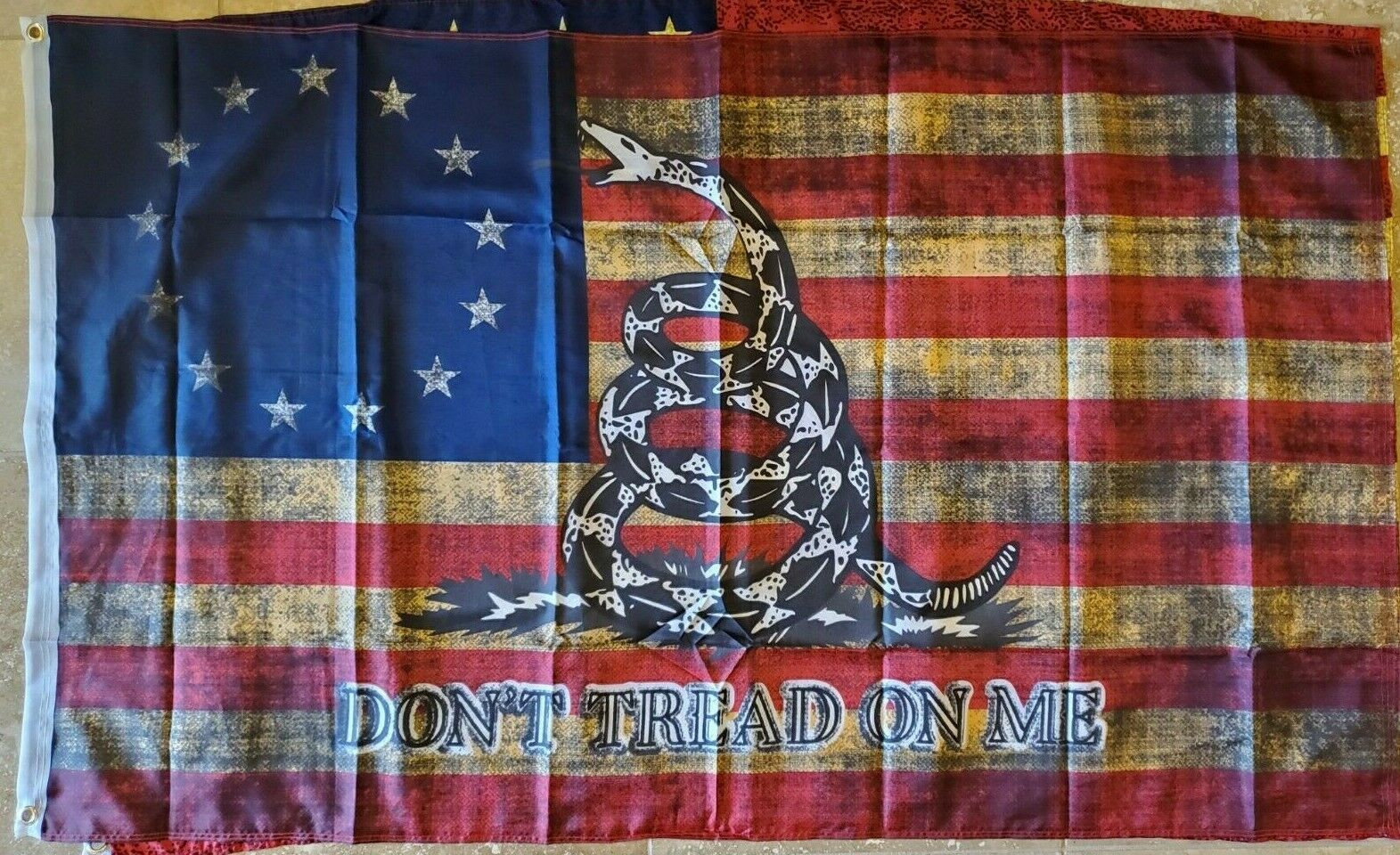 American BETSY ROSS GADSDEN DONT TREAD ON FLAG VINTAGE TEA STAINED USA 3... - $18.88