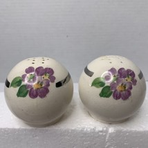 Vintage Ceramic Round Salt And Pepper Shakers Purple Flowers Silver Cursive Word - £6.41 GBP