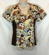 Cherokee Studio Womens Sz S M Scrub top Shirt Brown White Yellow Floral  - $13.85