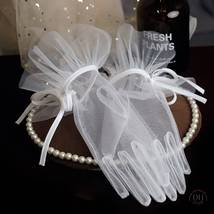 Ruffled Tulle Bridal Gloves Chic Bride, Cute Bow Tie Sheer Tulle Wedding... - £26.89 GBP
