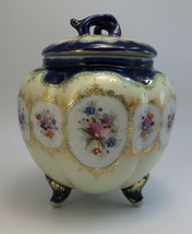 Porcelain Biscuit Jar Cobalt Blue Gilded Raised Dots Flowers - £54.53 GBP