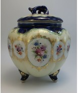 Porcelain Biscuit Jar Cobalt Blue Gilded Raised Dots Flowers - £53.49 GBP