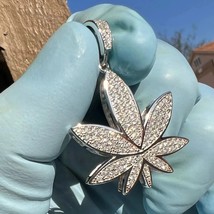 1.50Ct Genuine Real Moissanite Leaf Marijuana Pendant 14K White Gold Plated - £131.19 GBP