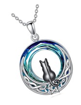 Cat Necklace 925 Sterling Silver Black Cat Moon with - £107.40 GBP
