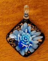 Artisan Jewelry Lampwork Glass Blue Flower Necklace Pendant 1.75&quot; - £14.85 GBP
