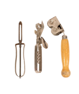 3 Antique Kitchen Tools Knife Sharpener Can Opener Veggie Peeler 1940s - $17.86 CAD