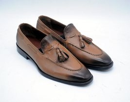 Handmade Brown Patina Leather Tassels Loafers Shoes Leather Dress Shoes for Men - £136.36 GBP+