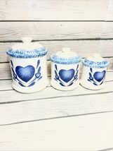 1980’s Blue Heart Canister Set with lids, Stoneware Blue Sponge Vintage - $49.49