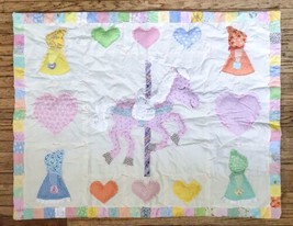 Vintage Handmade Patchwork Trim Baby Quilt Carousel Horse Bonnet Girl Faith Love - £51.08 GBP