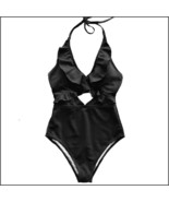  Ruffled Neck Halter Backless Padded Bra High Cut Black Color Monokini S... - £29.53 GBP