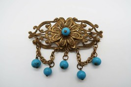 Vtg brass tone openwork metal art nouveau C clasp brooch turquoise bead ... - $25.00