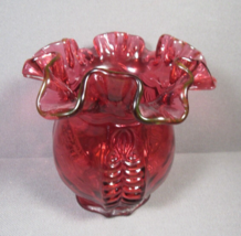 Fenton Glass Ruffle Top Vase Country Cranberry Embossed Feather 4&quot; x 4&quot; - $19.77