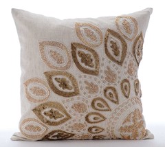 Beige Zardozi Sequins Ethnic 16&quot;x16&quot; Cotton Linen Pillow Covers, Gold Charm - £37.88 GBP+