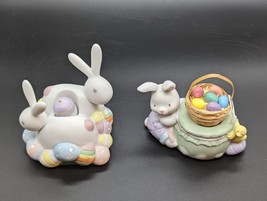 Lot Of 2 Ceramic Easter Bunnies  With Easter Eggs. Adorable! - £9.34 GBP