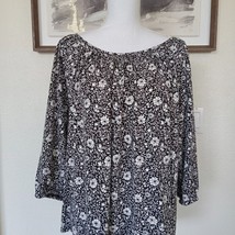 Michael Kors Top XL Black Tan Floral Print 3/4 Sleeve Tee Boho Cottage Blouse - $14.61