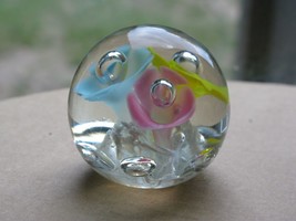 Vintage Blown Glass Paperweight Trumpet Flowers Pink Blue Yellow St Clair Style - £7.43 GBP