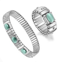 1 Set Women&#39;s Jewelry 9mm Width Stainless Steel Opals Elastic Fashion Bracelet R - £17.41 GBP