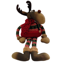 Vintage Christmas Moose Plush Winter Reindeer 19&quot; Felt Shelf Sitter Long Legs - £32.53 GBP