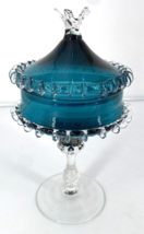 Vintage Murano Italian Art Glass Lidded Peacock Blue Candy Compote Rigaree Edge - £65.69 GBP