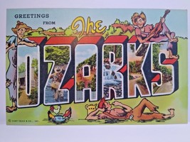 Greetings From Ozarks Missouri Large Letter Postcard Linen Barefoot Men Guitar - £7.09 GBP