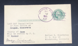 1935 Onigum MN Minnesota Post Office Last Day Cancellation Postal Card Postcard - £44.71 GBP