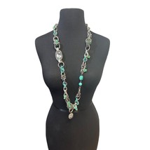 Turquoise and Silver Multi Media Long Necklace Stones Rhinestones Metal Loops - £21.35 GBP