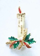 Festive Enamel Gold-tone Christmas Yule Candle &amp; Holly Brooch 1970s Vintage 2&quot; - £10.16 GBP