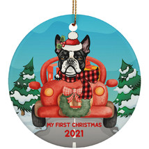 Funny Boston Terrier Dog Ride Car My First Xmas 2021 Pet Lover Circle Ornament - £15.75 GBP