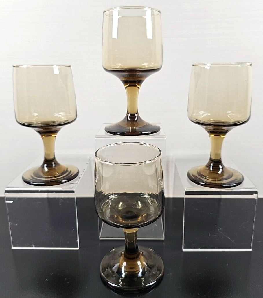 4 Libbey Tawny Accent Wine Glass Set Vintage Smoke Brown Bar Stemware Re... - $33.63
