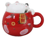 Red Maneki Neko Beckoning Lucky Cat Mug Cup With Kitty Lid And Stirring ... - £14.15 GBP