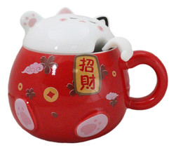 Red Maneki Neko Beckoning Lucky Cat Mug Cup With Kitty Lid And Stirring Spoon - £14.05 GBP
