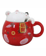Red Maneki Neko Beckoning Lucky Cat Mug Cup With Kitty Lid And Stirring ... - $24.59 CAD