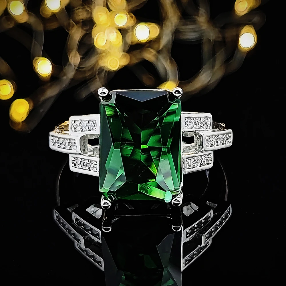 new silver color designer green rectangle zircona engagement rings for women fem - £13.77 GBP