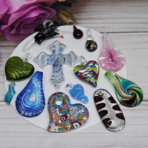 Lot of 13 Lampwork Art Glass Pendants Murano Glass Round Heart Bird - £15.68 GBP