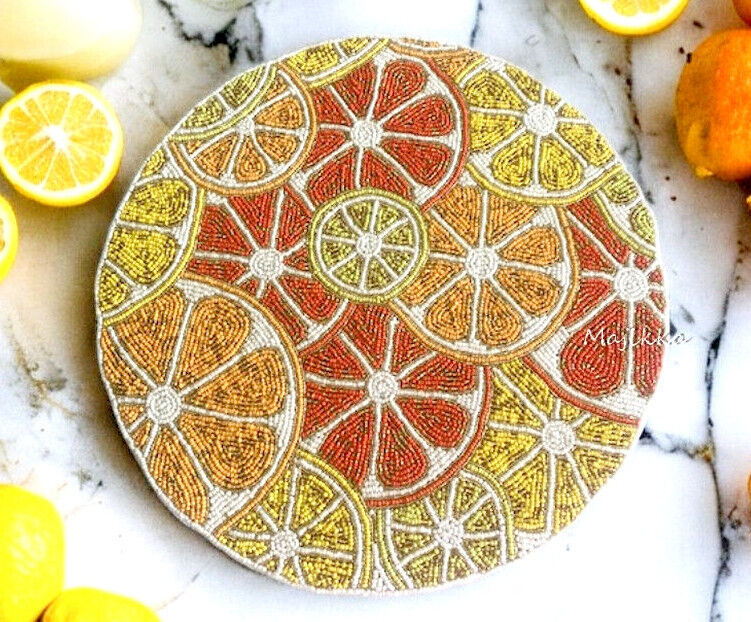 Primary image for Tropical Hacienda Beaded Orange Lemon Fruit Placemats Charger 15" Round Set of 4