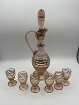 VTG Romanian Pink Blown Glass Wine Decanter w/Stopper and 6 Glasses Gold Stripe - £50.14 GBP