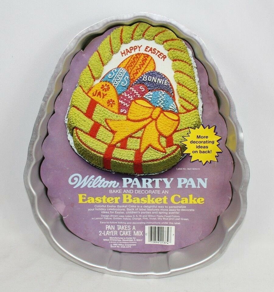 Vintage 1980 Wilton Cake EASTER BASKET Party Pan Baking Tin Eggs Basket Bow - $8.41