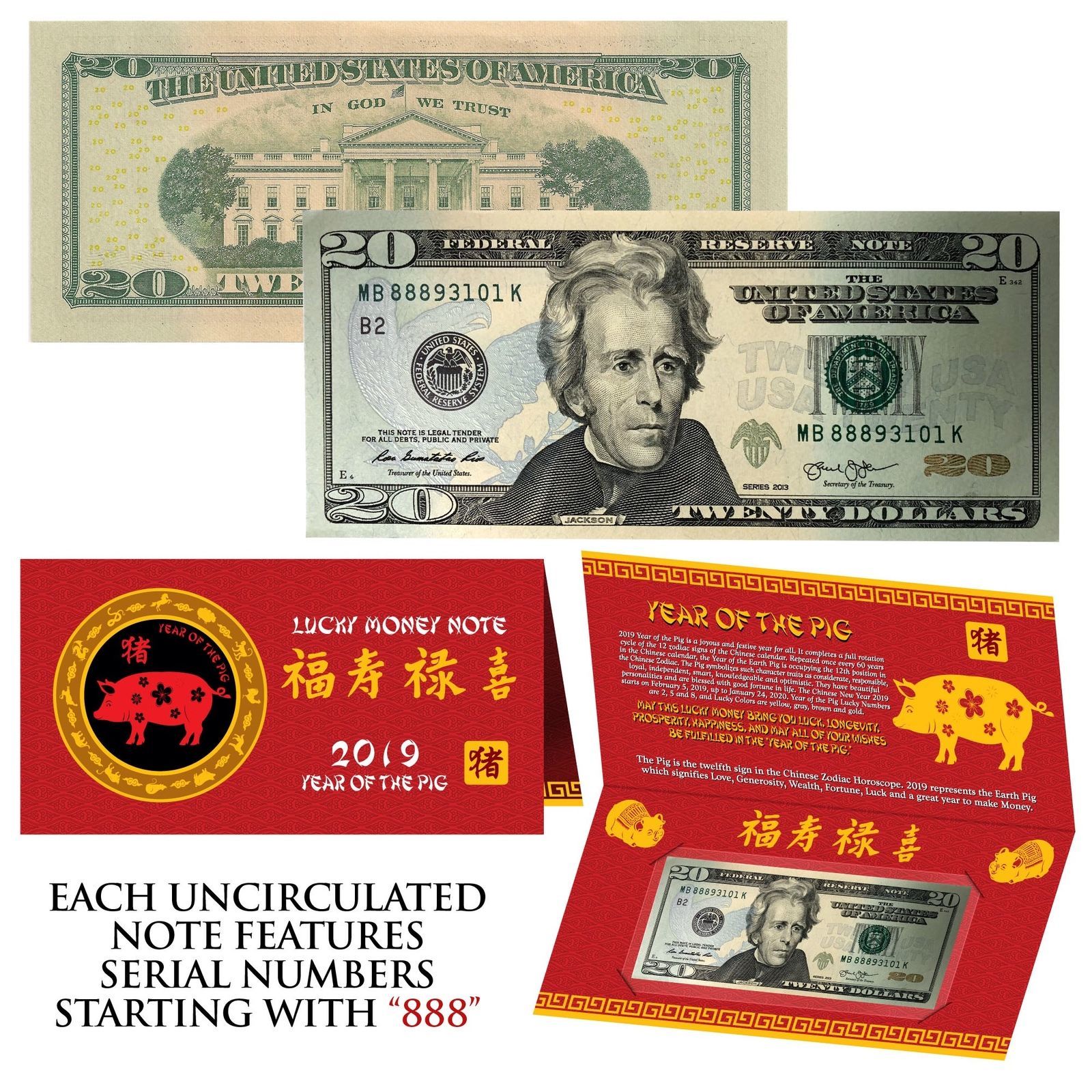 Primary image for 2019 Chinese Lunar YEAR of the PIG Lucky Money $20 US Bill - S/N Starts With 888