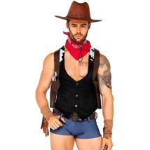 Cowboy Costume Vest Shorts Shoulder Holster Bandana Belt Hat Wrist Cuffs... - £54.34 GBP