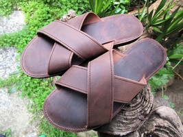 Men&#39;s Handmade Greek Leather Cushioned Cross Strap Slide Sandals - £46.15 GBP