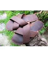 Men&#39;s Handmade Greek Leather Cushioned Cross Strap Slide Sandals - £46.20 GBP