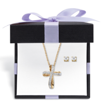 Diamond Accent Stud Earrings Cross Necklace Earrings Gp Set 18K Gold - £160.84 GBP
