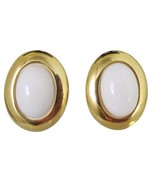 Vintage Napier White Cabochon Gold Stud Earrings Oval Stone Pierced Signed - $14.84