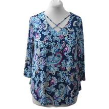 Chicos Top Blouse Womens 8 M Chicos 1 Morning Mist Caged 3/4 Sleeve Blue Paisley - £27.51 GBP
