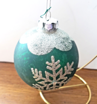 Green Marbled Ball Christmas Ornament with 2 Silver Glittered Snowflakes 3.5&quot; D - £5.51 GBP