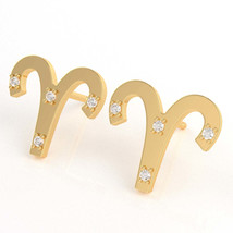 Aries Zodiac Sign Diamond Earrings In Solid 10K Yellow Gold - $209.00